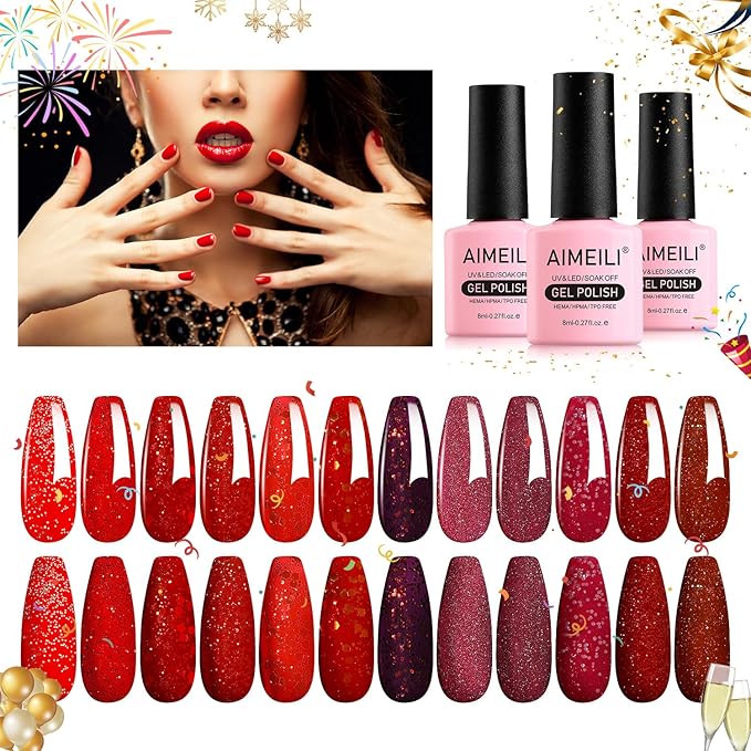 AIMEILI Gel Nail Polish Soak Off U V LED Hema Free Red Glitter Colors for Christmas Nail Art DIY 12 x 8ML-Kit Set 28