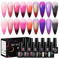 MEET ACROSS Color Changing Builder Nail Gel of 12 Temperature Shiny Changing Colors Rubber Base Gel Polish Including Pink Purple Orange Mood Changing Gel Manicure Kit for Nail Art Home DIY
