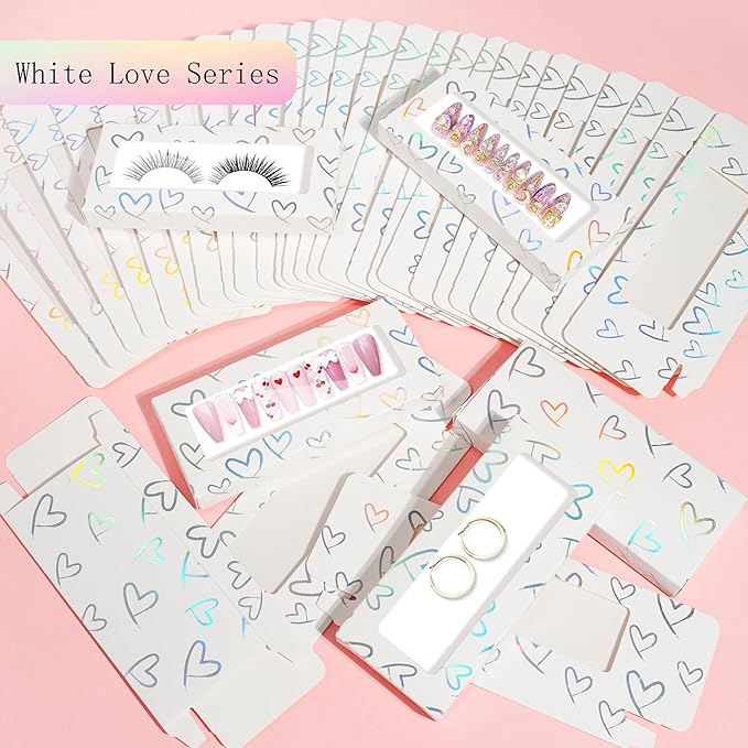 74PCS Press on Nails Packaging Box Set Includes 35PCS Empty Nail Package Box 35PCS White Background Paper 1 Double Sided Tape and 3 Thank You Stickers for Press on Nail Business