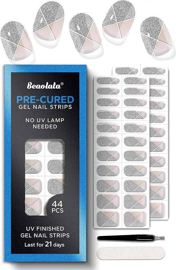 Real Gel Nail Strips (No UV Light Needed) - 44Pcs Salon Quality Nail Stickers - Long Lasting Polish Wraps for Women, Easy Apply & Remove (Diamond Tip Sliver)