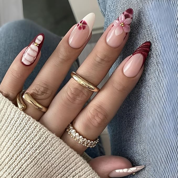 French Tip Press on Nails Medium Almond Fake Nails Flower False Nails with Gold Rhinestones Design Glossy Nails Press Ons White Red Stick on Nail Acrylic Glue on Nail for Women Set 24Pcs