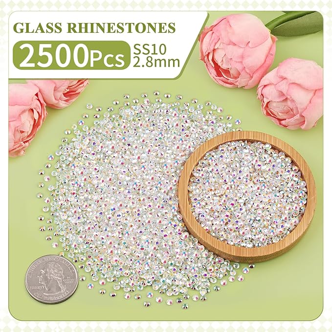 2500PCS SS10/2.8mm Crystal Rhinestones (Transparent AB) with 2Pcs 10ml B7000 Jewelry Glue, Bedazzling Flatback Glass Rhinestones for Crafting, Gems Diomand for Tumbler Shoes Clothing Mugs Nail Art