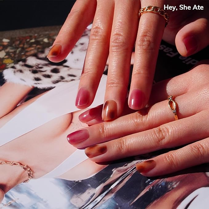 Heyhae Semi Cured Gel Nail Strips | No LED Lamp Needed | Summer, Marble, Red | Easy Apply & Remove, Salon Quality | Includes 28 Strips, 1 Prep Pads, Nail File & Wooden stick - Hey, She Ate