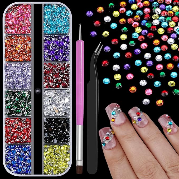 1800Pcs Small Resin Rhinestones for Nail Art, Colorful 3mm Bedazzling Flatback Crystals Nail Gems Nail Rhinestones with Pickup Tools for Manicure Decor Crafts DIY (7-K1-3mm-soild-color)