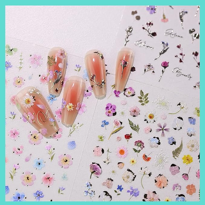 Golden Flower Nail Art Stickers, Summer Spring Floral Nail Decals, Self-Adhesive, Nail Accessories for Women, Nail Decorations 3 Sheets