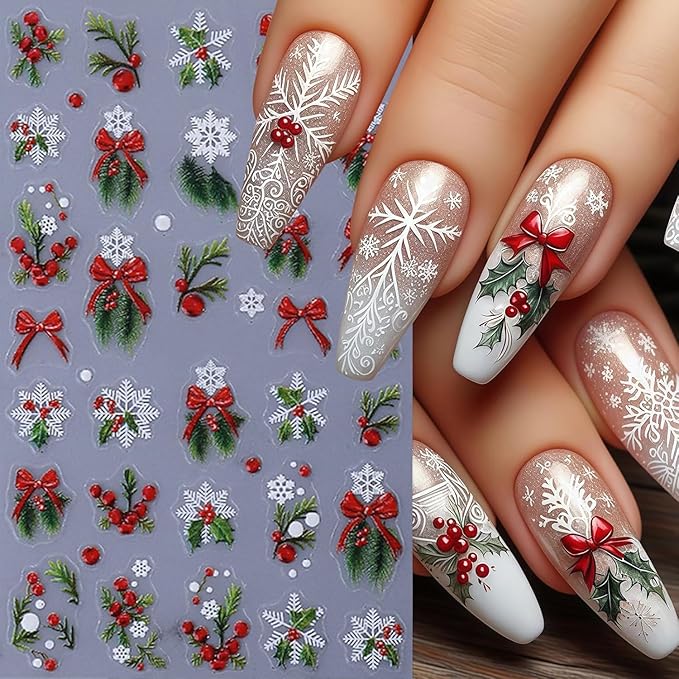4 Sheets Christmas Nail Art Stickers Decals 5D Embossed Winter Holly Sprig with Bow Nail Decals3D Self-Adhesive Xmas Snowflake Holiday Nail Supplies Nail Art Design for Women DIY Decoration