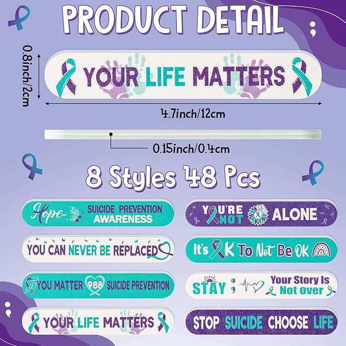 H1vojoxo Suicide Prevention Awareness Nail Files - 48pcs Purple Teal Ribbon Emery Board Inspirational Motivational Nail File for Suicide Prevention Awareness Favor Volunteer Charity Campaign Supplies