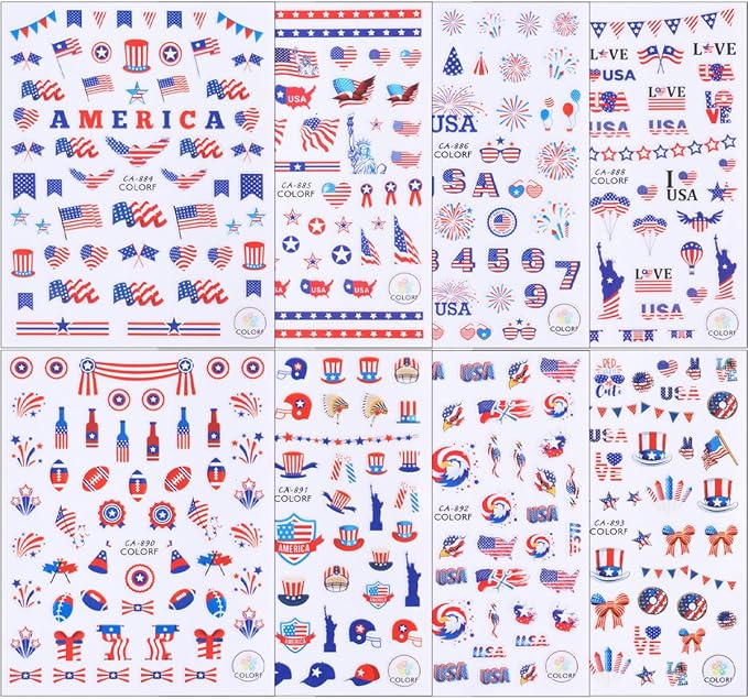 8 Sheets Independence Day Nail Stickers for Nail Art USA 4th of July Nail Decals 3D Self-Adhesive American Flag Patriotic Nail Decoration American Eagle Nail Art Stickers for Women Girls Nail Designs