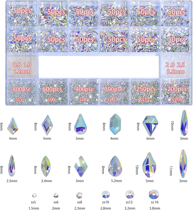 HNUIX Nail Rhinestones - 3D Multiple Shape Size Gems, AB Color, Manicure Beads, Pearls, Flatback Crystals Rhinestones, with Kit, for Nail Art Decor
