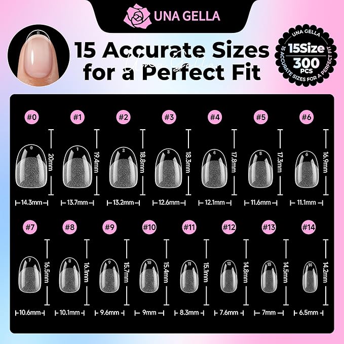 UNA GELLA Oval Gel Nail Tips Short 15 Sizes 300PCS Pre-Etched Clear Acrylic Nail Tips Easy DIY Salon Oval Almond Press On Nails Snug Fit Full False Fake Tips Extensions Long-Lasting Hold