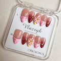 Handmade Press on Nails Wine Red Gradient,French Tip 3D Flower & Pearl Designs,Full Cover Medium Almond Fake Nails,Multi-Layer Gel Acrylic Stick on Nails for Women (10pcs)