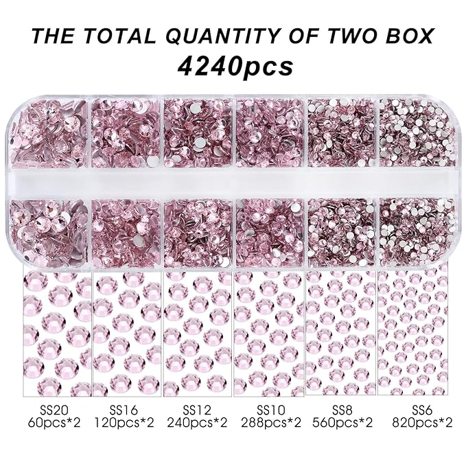 4240Pcs Flatback Pink Rhinestones Glass Crystal Gemstones for Nail Art Jewels Makeup Shiny Round with Tweezers and Picking Pen (SS6~SS20 Set)