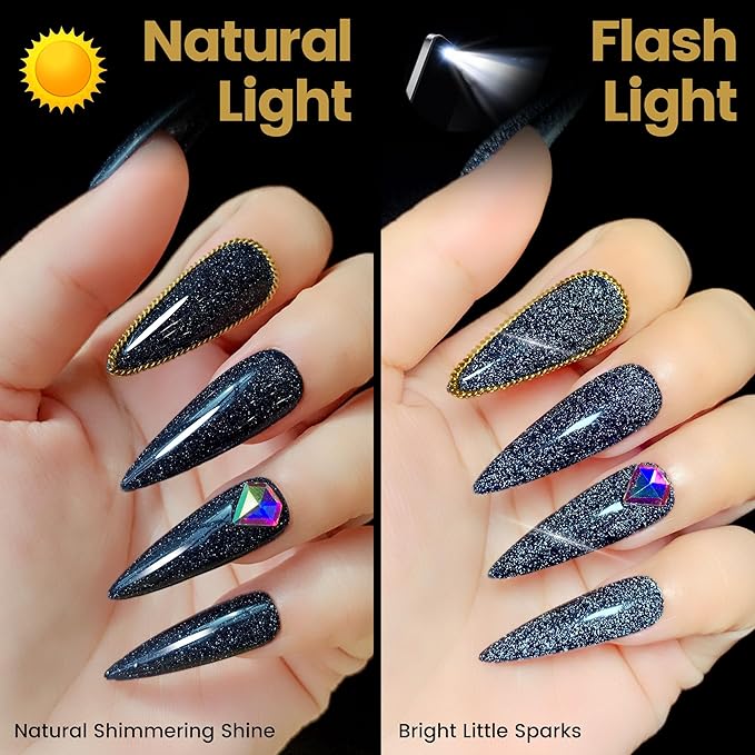 YTD Likomey Reflective Glitter Gel Nail Polish,15ml Black Flash Diamond Shimmer Nails Gel,Dark Blue Tone Black Sparkly Shiny Salon Home Fall Winter Manicure UV Color Varnish,SZ010