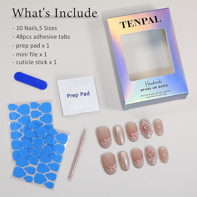 Pink French Tips Press on Nails Short Oval 10 Pcs with Tool Kit,3D Flower Fake Nails with Gel Effect,Handmade Pink Sweet Cute Nails with Bow & Dots Designs,Easy Press ons Whitening Nails(L)