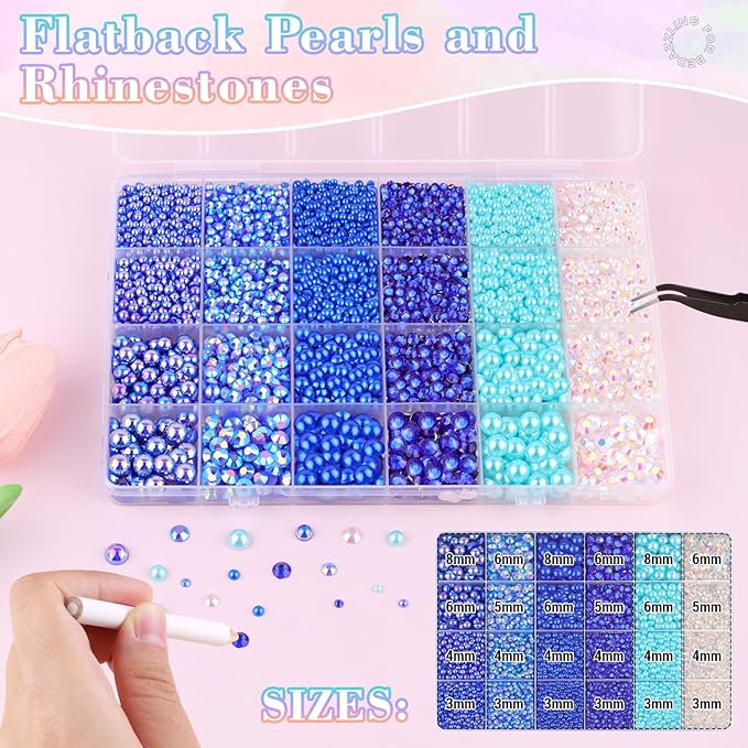 14000Pcs Flatback Pearls and Rhinestones for Crafting, Blue Series Mixed Size 3-8mm Resin Rhinestones and Half Pearls for Bedazzling, Nail Art with Tweezers and Pickup Pencil