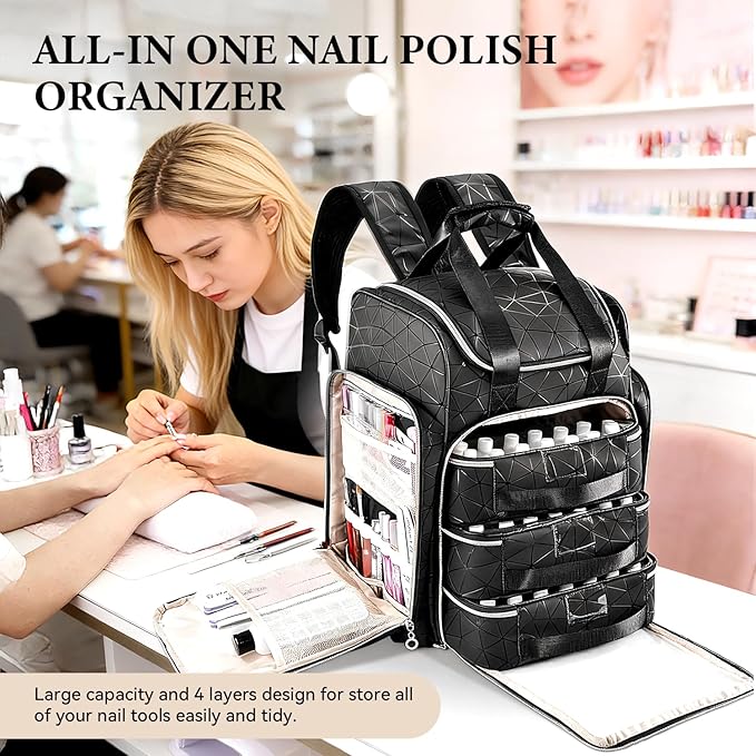 JEWHITENY Extra Large PU Nail Polish Organizer: Holds 126 Bottles (15ml), Nail Kit Store Bag with 3 Removable Case,Shoulder straps, Handle, Luggage Straps,Portable Nail Storage Travel Bag for Nail Pro