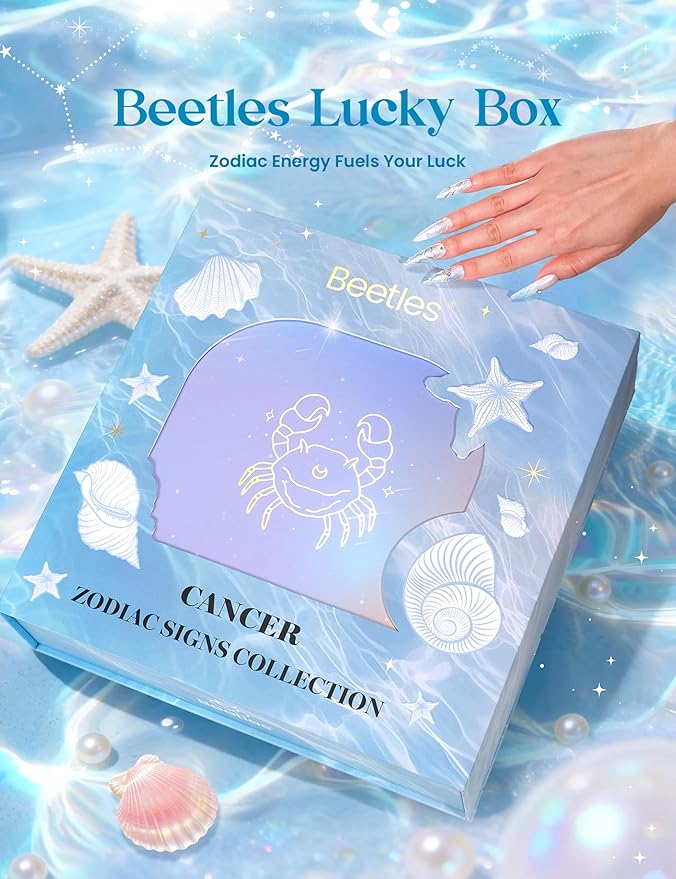 Beetles Moonlit Sanctuary Lucky Box, Cancer Zodiac Gel Nail Polish Kit Blue White Pearl Sliver Glitter Colors, All-in-One Nail Art Set with Tools, Necklace Badge, Salon DIY Zodiac Gift for Women