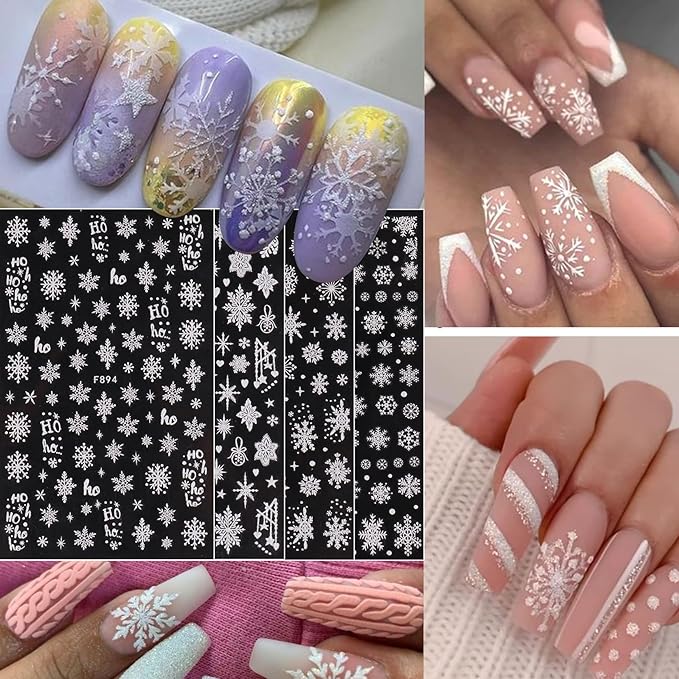 White Snowflake Nail Art Stickers 12PCS Christmas Winter Glitter Snowflakes Nail Decals with Tweezers 3D Charms Snow Flakes Stars Antlers Design Self-Adhesive Holiday Decoration Supplies for Women