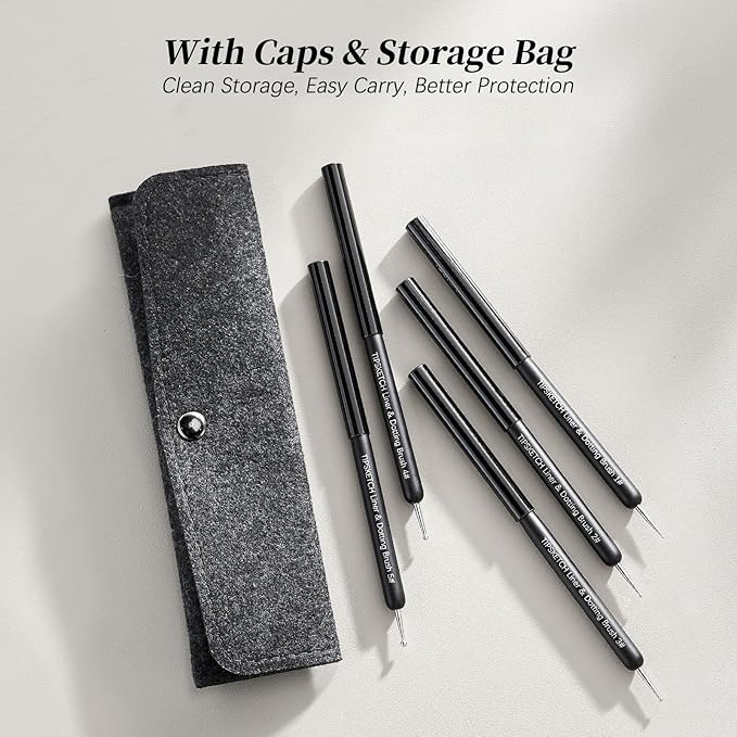 Nail Art Liner Brushes 5Pcs with Caps & Bag,Double‑Ended Thin Liner & Dotting Pen Set(4/8/12/15/20mm) for Long Lines,Fine Details,Gel Polish & Nail Painting
