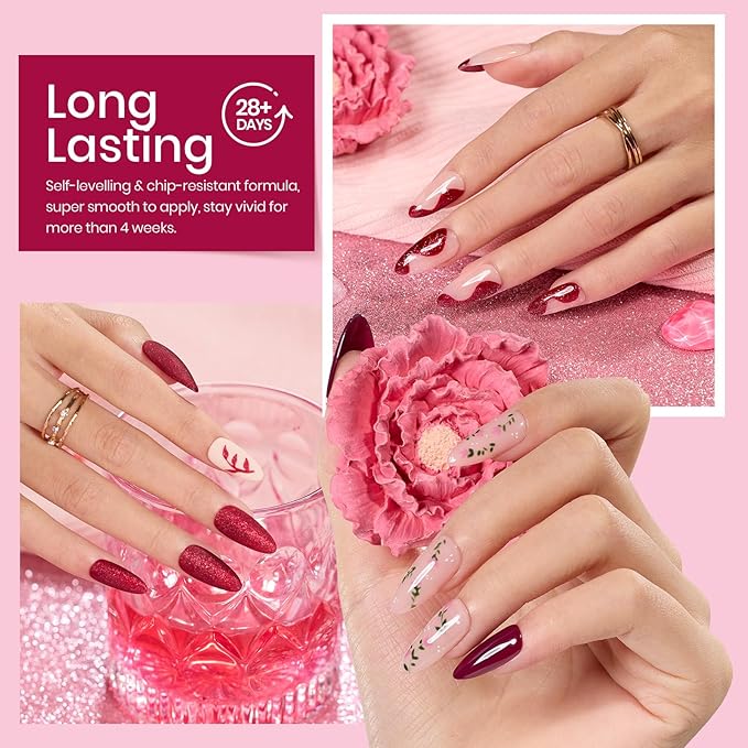 beetles Burgundy Gel Polish Set - Berry Merlot 6 Colors Plum Gel Polish, Cherry Mocha Red Glitter Dark Purple Wine Nails Color, U V LED Soak Off Home DIY Manicure Nail Salon