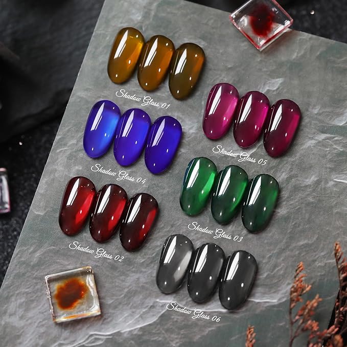 Born Pretty Jelly Gel Nail Polish Brown Red Green Black Blue Purple Sheer Transparent Crystal Gel Nail Polish Kit Fall Winter Soak off Nail Polish for Manicure DIY Home Salon 7ML 6Colors