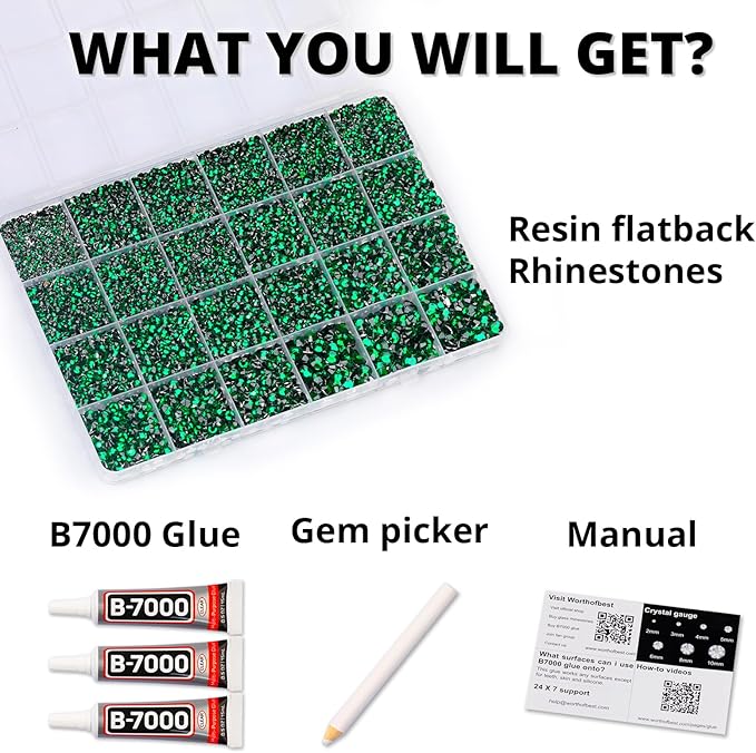 33000Pcs Green Rhinestones for Bedazzling, Bedazzler Kit with Flatback Craft Rhinestones Emerald Dark Green Bulk and B7000 Glue, 2,3,4,5,6mm Resin Flat Back Crystals for Craftings, Clothes, Nails