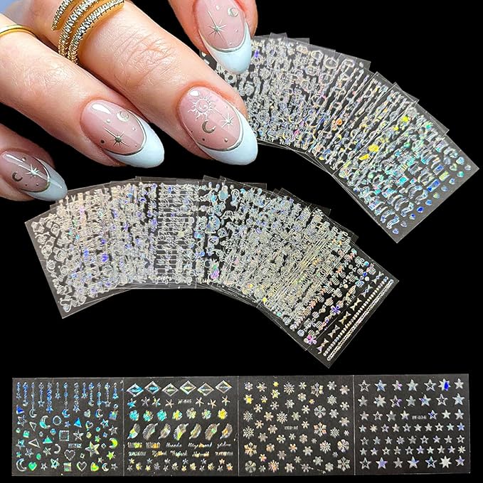 90 Sheets Nail Stickers for Nail Art, Flower Nail Art Stickers Gold Silver Line Star Floral Nail Decals for Nails Design, Aurora Nail Decor Nail Accessories for Women Girls