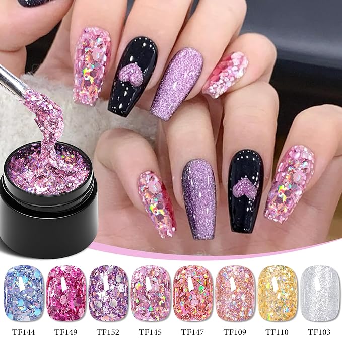 MEET ACROSS 9Pcs Glitter Gel Nail Polish Set with 1Pc Nail Brush, Sparkle Pink Purple Blue Broken Gold Flash Gel Polish Kit, UV LED Soak Off Manicure Gift for Women 8 Colors