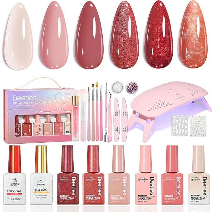 Beetles 22 Pcs HEMA-Free Gel Nail Polish Kit with U V Light - 6 Color Pink Nude Red Pearl White Gel Polish Set Ethereal Glow Gift-Ready Package DIY Salon Portable Manicure Kit Women Girls Teens Gifts