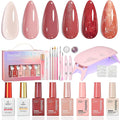 Beetles 22 Pcs HEMA-Free Gel Nail Polish Kit with U V Light - 6 Color Pink Nude Red Pearl White Gel Polish Set Ethereal Glow Gift-Ready Package DIY Salon Portable Manicure Kit Women Girls Teens Gifts