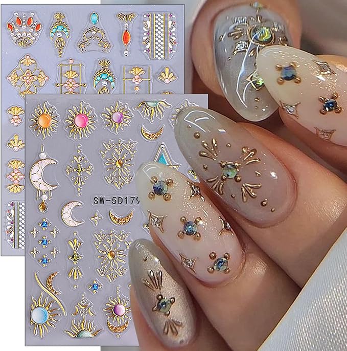 2 Sheets Bohemian Style Nail Decals Embossed Star Nail Art Stickers 5D Self-Adhesive Sun Moon Nail Stickers Bohemia Nail Designs Decals Stars Nail Decoration for Women Girls Nail Art Supplies