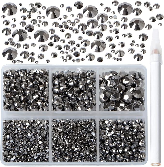 Bymitel 5000 Pieces 6 Mixed Sizes Glue Fix on Glass Rhinestones Round Crystal Gems Flatback for DIY Jewelry Making with one Picking Pen(6-Sizes 5000PCS, Jet Hematite)