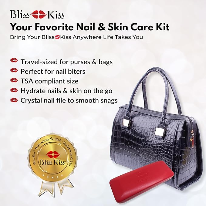 Bliss Kiss Nail Travel Manicure Kit - Great Gift Idea - Easy carry, to-go case to care for your nails, skin, and lips - Hydrating Nail and Cuticle Oil, Lotion Stick, Crystal Nail File, Lip Balm