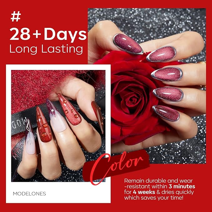 modelones Gel Nail Polish Set, 6 PCS Christmas Red Burgundy Purple Glitter Gel Polish Colors Cat Eye Chameleon Shimmer Soak OFF LED Nail Art Gel Nail Kit Manicure Salon DIY Nails Gift