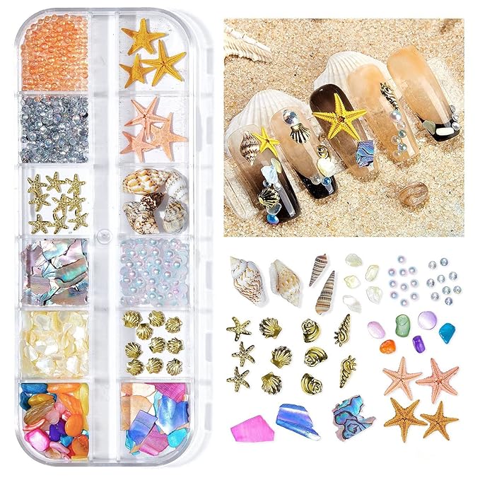 2 Boxes Summer Beach Nail Art Rhinestones Accessories Ocean Theme Shell Starfish Conch Nail Studs Sea Series Nail Art Rivets Charms Supplies for Nail Art Designs DIY Manicure Decoration（5-6）