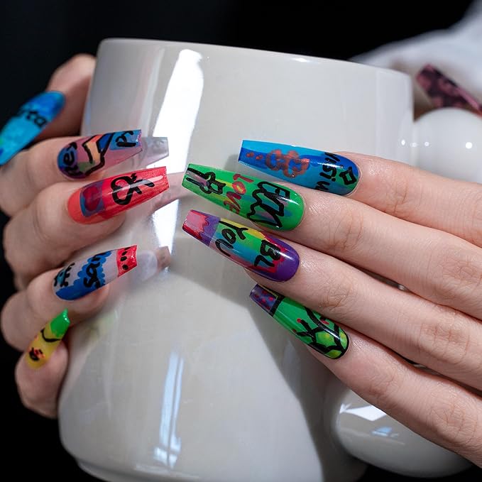 Sun&Beam Nails Handmade Press-on Long Coffin Ballerina Red Blue Hand-Painted Summer Glam Design Fashion False Nail Tips 10 Pcs Set (#270 M)