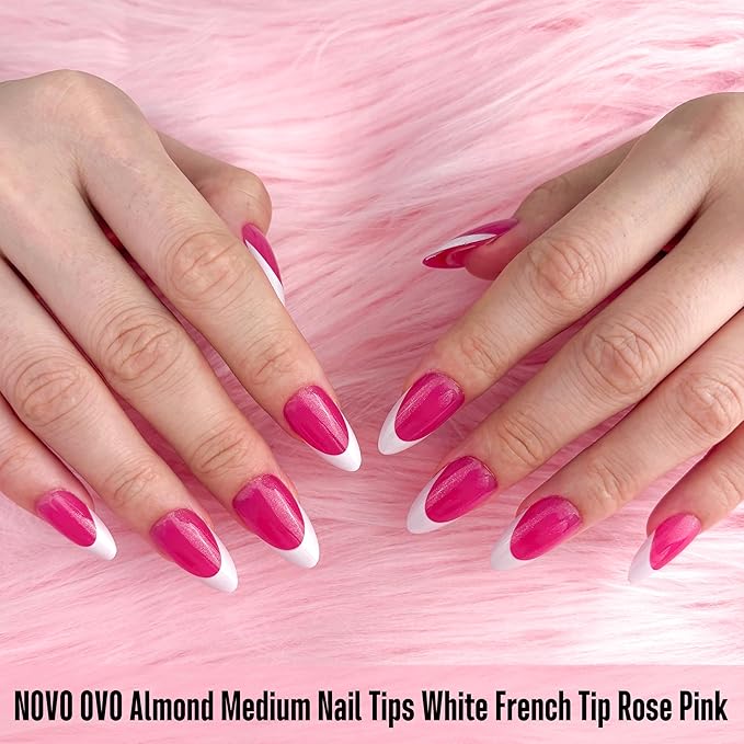 NOVO OVO White French Tip Almond Nail Tips Press on ROSE PINK, Extra Thick Medium Soft Gel Fake Nail Acrylic Extension, Need Builder Gel Top Coat, No Glue Included, for Salon DIY x 15 Sizes 240 pcs