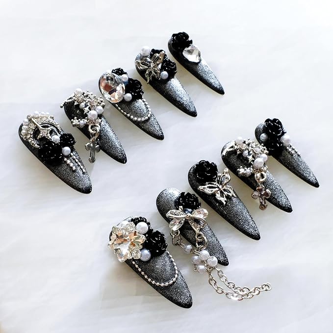 Luxury Long Stiletto Press-On Nails, 3D Black Roses with Silver Glitter, Pearl and Rhinestone Decorations, Handmade False Nail 10 Pieces (XS, LS)