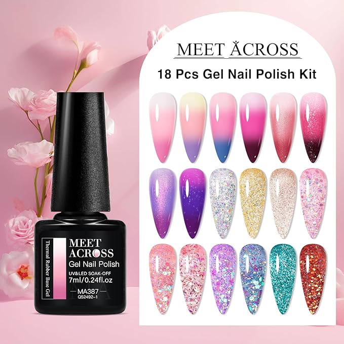 MEET ACROSS Color Changing Rubber Base Builder Gel Polish Nude Pink Purple Mood Temperature Change Nail Polish + Jelly Glitter Gel Nail Polish, Base Color Gel Polish Set 18pcs*7ml