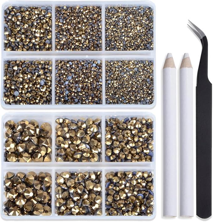 Bymitel Hotfix Crystal Rhinestones Round Gems for Crafts,Mixed 6 Sizes with Wax Pencil Kit, Aurum 1.6-6.3mm SS4-SS30/8000pcs