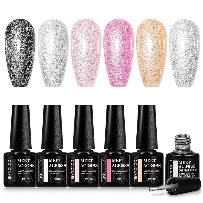 MEET ACROSS 6Pcs Gel Nail Polish with Glitter Gel Top Coat, Nude Pink Neutral Color Skin Tone Soak Off UV/LED Gel Polish Manicure Gift For Women 5 Colors
