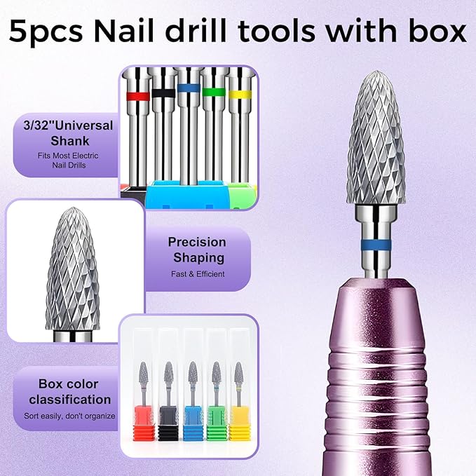 Fantexy Nail Drill Bits Set for Acrylic Nails,3/32 Inch Professional Tungsten Nail File Bits Nail Art Tools,Manicure Pedicure Shapen Remove Tools, Home Salon Use(5Pieces