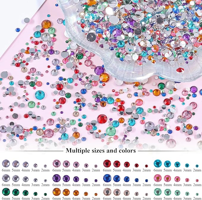 5 Boxes Shiny Colorful Nail Art Rhinestones Nail Stone Gems Design Kit 2-6mm Flatback Round Clear Solid Color Nail Gems with a Curved Tweezers and a Nail Brush (Solid Color kit)