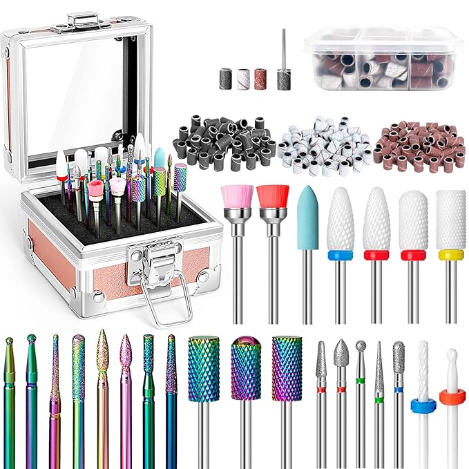 Onism 25Pcs Nail Drill Bits Set with 75Pcs Sanding Bands (80#/120#/180#), High-Precision Tungsten Carbide & Ceramic Efile Bits for Acrylic Gel Removal, Cuticle Care Kit with Organizer Box,Pink