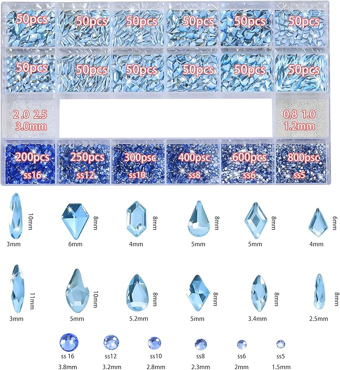 Nail Charms and Gems - 5000 Pcs, 20 Types, 20 Sizes, with Kit, Nail Rhinestones, Faux Pearls, Beads, for Nail Art (Light Blue)