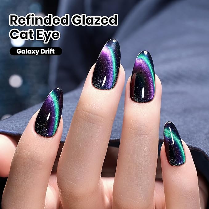 Beetles Stay Shining Cat Eye Gel Nail Polish - 15ML 9D Chameleon Cat Eye Green Purple Double Magic Colors Gel Polish with Magnet Soak Off UV Galaxy Drift Collection Nail Art Design Gift for Women