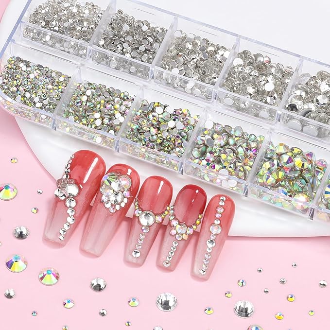 2500Pcs Clear AB Rhinestones for Bedazzling Kit, 1.5/2/2.5/3/4.5/6mm Mix Sizes Bedazzling Resin Gems Flatback Crystal Rhinestones with Pickup Tools for Manicure Crafts DIY (5-K1-glass-rhinestones)