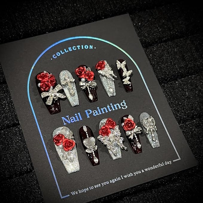 3D Press On Nails, Luxury Long Ballerina Shape, Red Rose and Silver Glitter Design, 10 Pieces, Fall Winter Collection (XS, LC)
