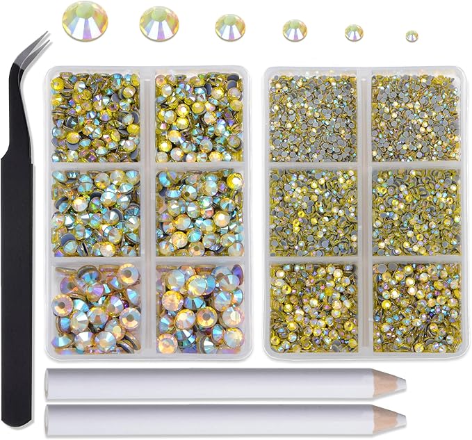 8000pcs Hotfix Rhinestones Flatback,Rhinestones for Crafts Clothes Mixed 6 Sizes, Hotfix Crystals with Wax Pencil Kit, SS4-SS30,Citrine AB