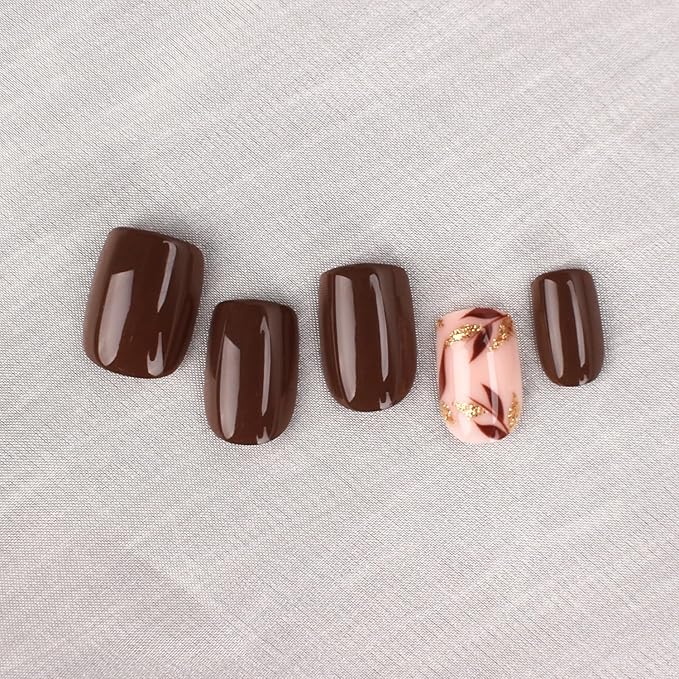 Brown Press On Nails Short Square 24pcs, Nude Coffee False Nails with Gold Leaf Design, Glossy Acrylic Stick On Nails, Natural Reusable Glue On Fake Nails Kit for Women